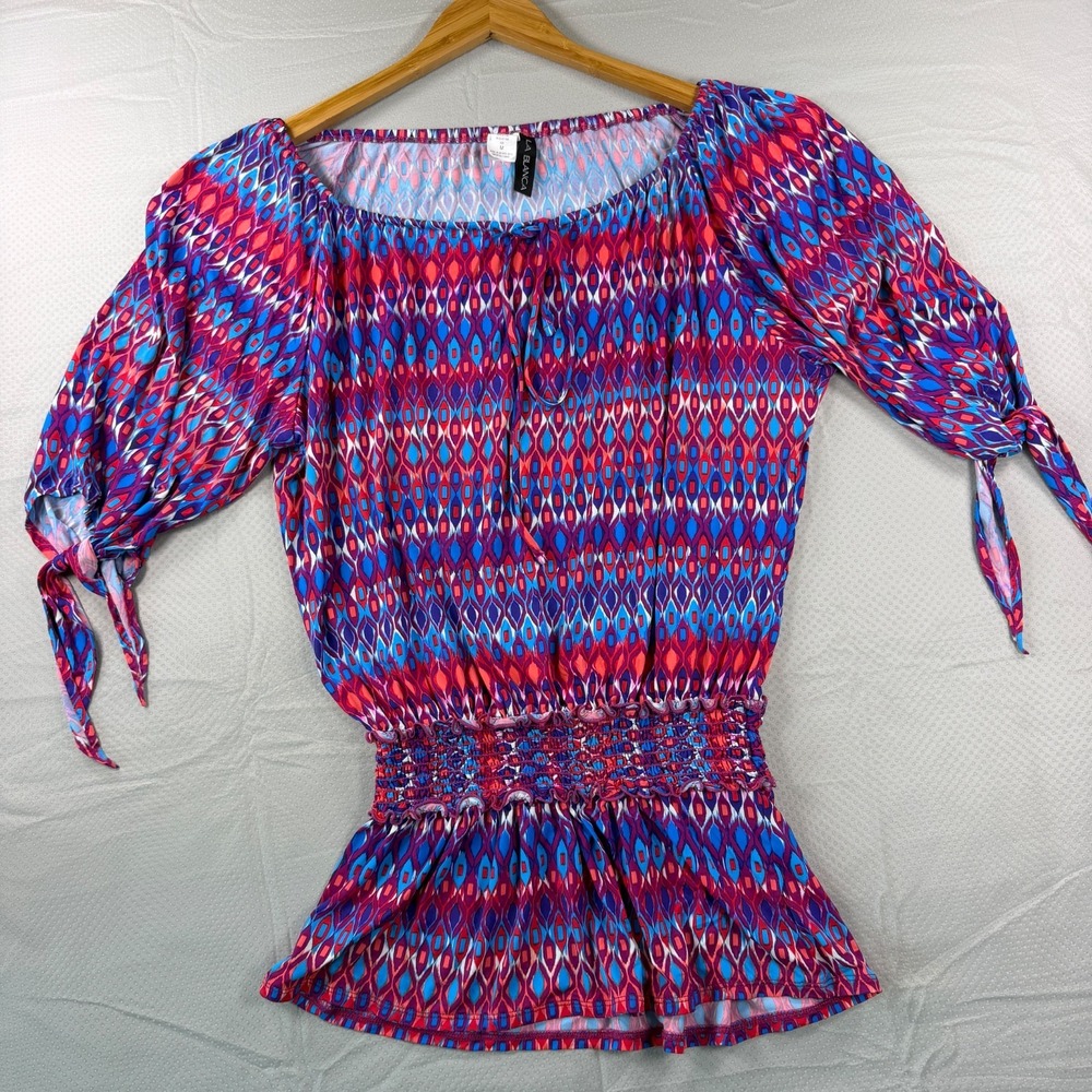 La Blanca Womens Medium Swim Cover Up Top Geometric Printed Tie Sleeve Tunic M